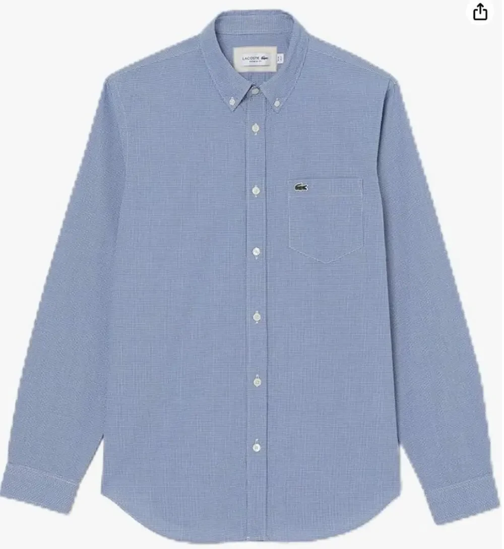 Lacoste Men's Long Sleeve Checked Gingham Button-Down Shirt S Blue